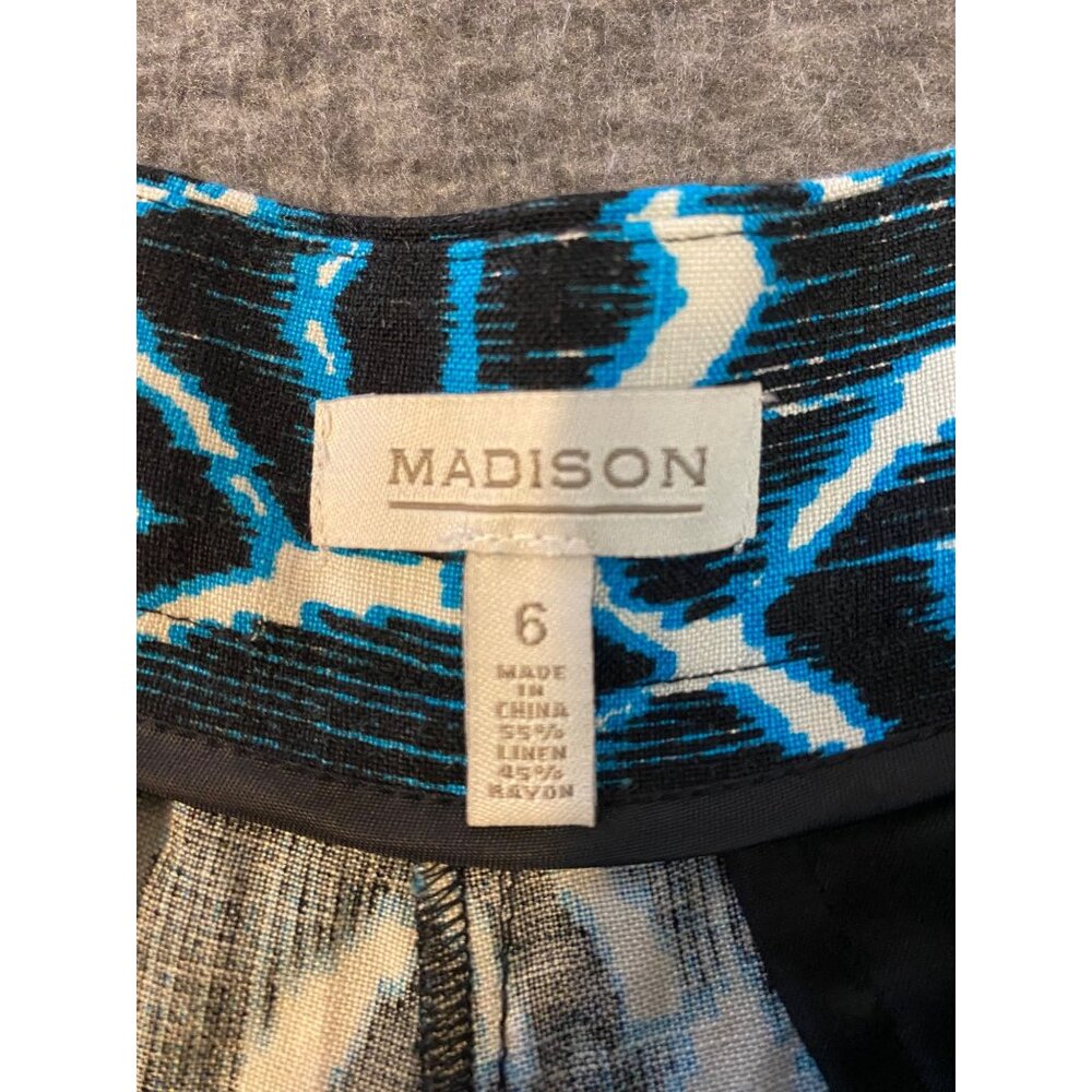 Madison Womens Blue & Black Geometric Pattern Shorts Size 6 Linen Blend Pockets - Picture 4 of 6